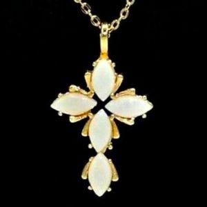 Gold Tone Vintage Opal Cross and Chain